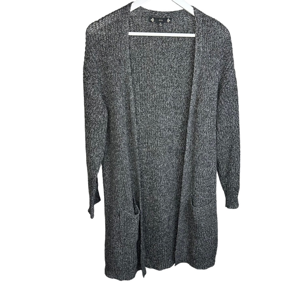 Iris Gray Knit Open Front Cardigan Sweater 3/4 Sleeve w Pockets Cozy Size Medium